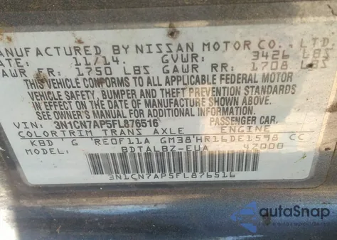 2015 Nissan Versa 1.6 Sv z USA, uszkodzony, nr VIN 3N1CN7AP5FL876516